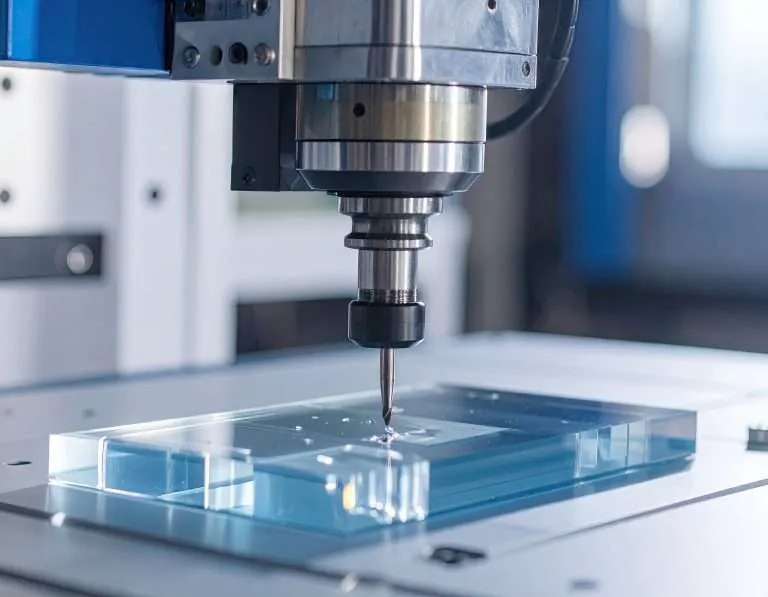 CNC spindle cutting a pocket into a clear acrylic block