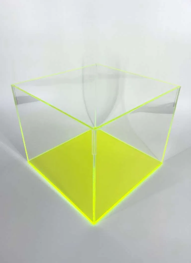 Five-sided clear acrylic box with a glowing fluorescent yellow acrylic base