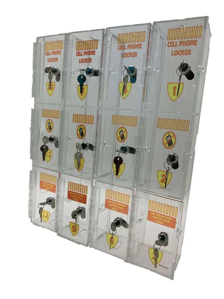 Clear acrylic twelve-compartment cell phone locker with printed labels and keyed cam locks.