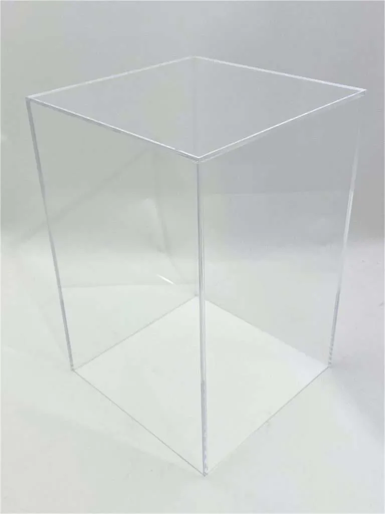 Clear acrylic five-sided display box with bonded, polished edges and an open base.