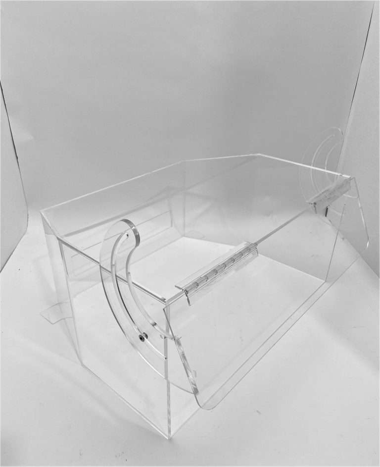 Clear acrylic laboratory research enclosure with a hinged, prop-open door