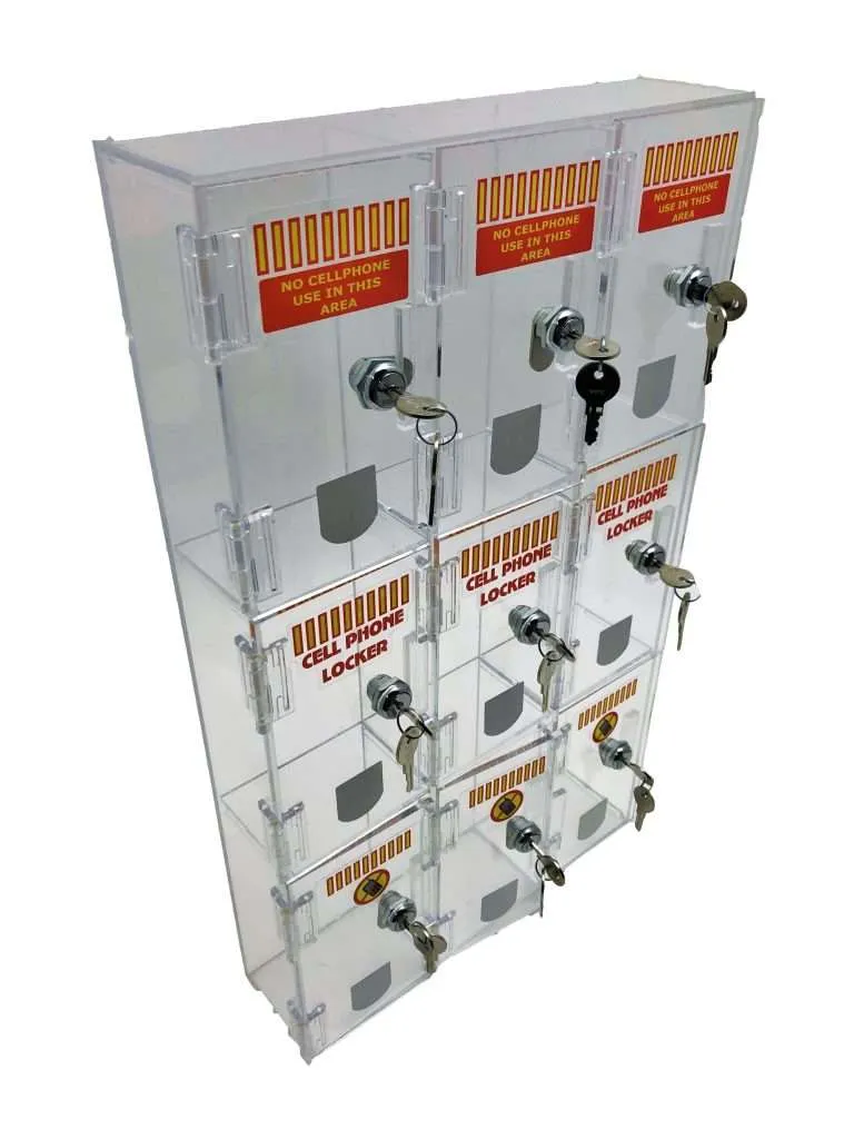 Clear acrylic wall-mount phone locker with multiple keyed compartments.