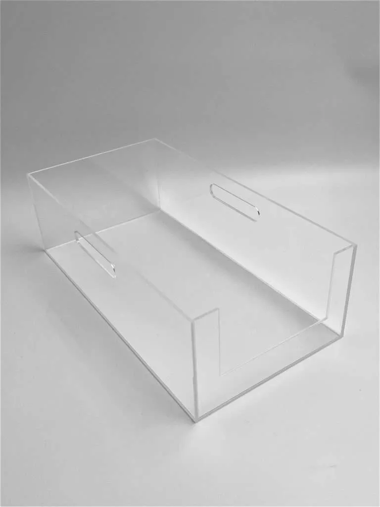 Clear acrylic open bin tray with laser-cut side handle slots.