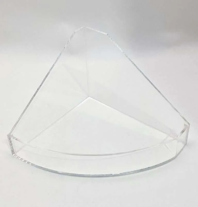 Clear acrylic quarter-round scoop bin with bent-formed curved front.