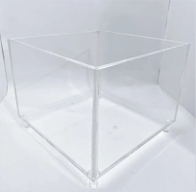 Raised clear acrylic open-top box fabricated watertight for research use.