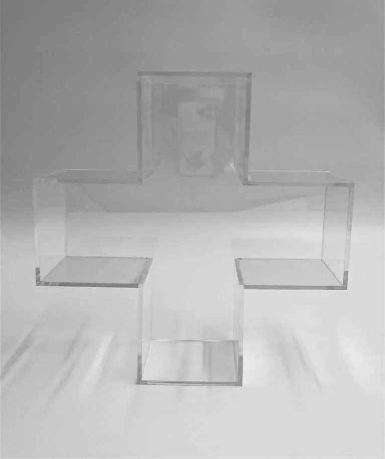 Cross-shaped clear acrylic display tray with bonded, polished edges