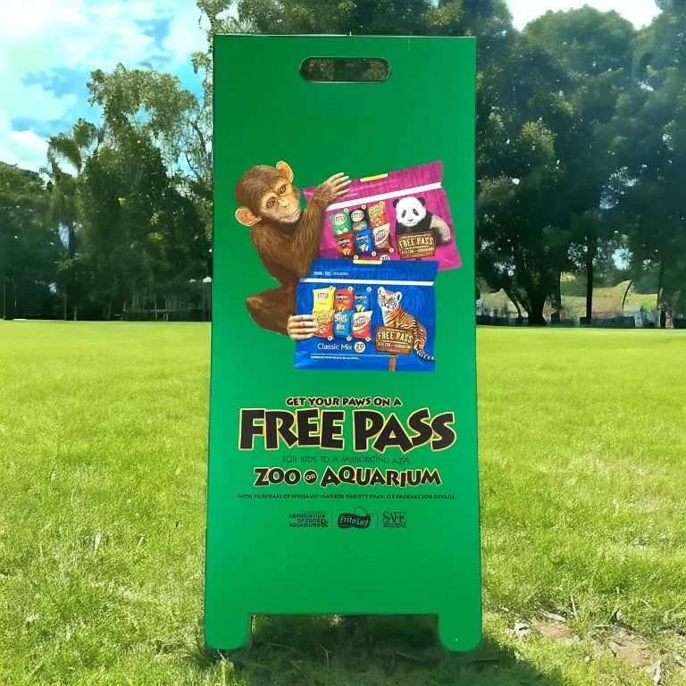 Free-standing A-frame sign with full-color UV-printed retail graphics.