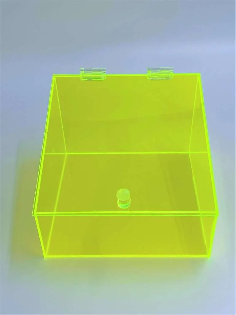 Fluorescent green acrylic wall-mounted bin with a hinged lid.