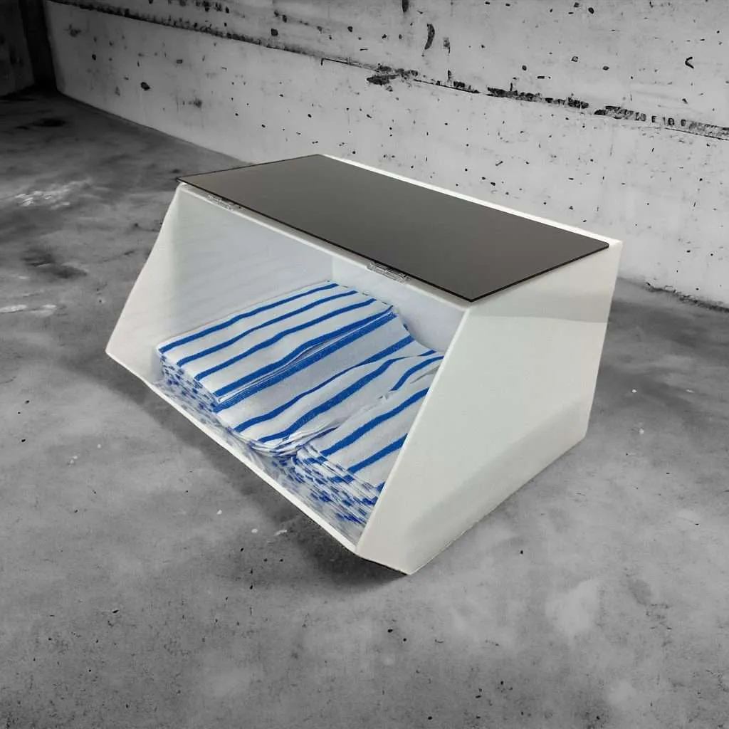 White acrylic open-front counter bin with a black top holding folded striped textiles.
